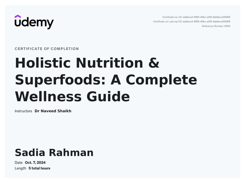 Certified on Holistic Nutrition & Superfoods